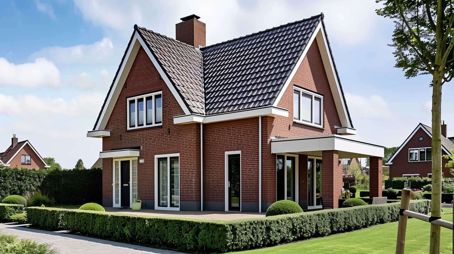Een moderne jaren 30 woning met rode bakstenen muren en een zwart pannendak, gelegen in een keurige woonwijk. De gevel heeft witte kozijnen en meerdere grote ramen. De woning heeft twee verdiepingen, met een grote erker en een entree met een kleine veranda. De voortuin is netjes aangelegd met gesnoeide heggen en een grasveld.