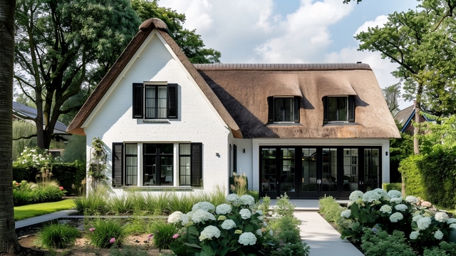 Een moderne villa met witte bakstenen muren en een rieten dak, gelegen in een weelderige, groene tuin. De gevel heeft zwarte luiken en grote ramen die zorgen voor veel natuurlijk licht. Er zijn twee verdiepingen, met op de begane grond glazen deuren die openen naar de tuin. De voortuin is prachtig aangelegd met gras, struiken en witte hortensias, omgeven door hoge bomen.