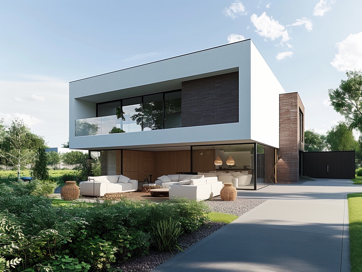Een strakke, moderne villa met een minimalistisch ontwerp. De villa heeft een witte gevel, grote glazen wanden, en donkere houten accenten. De woning heeft twee verdiepingen en een ruime, overdekte buitenruimte met comfortabele zitgelegenheden. De tuin is eenvoudig en groen, met gras en enkele struiken, en biedt een uitzicht op een rustig landschap.