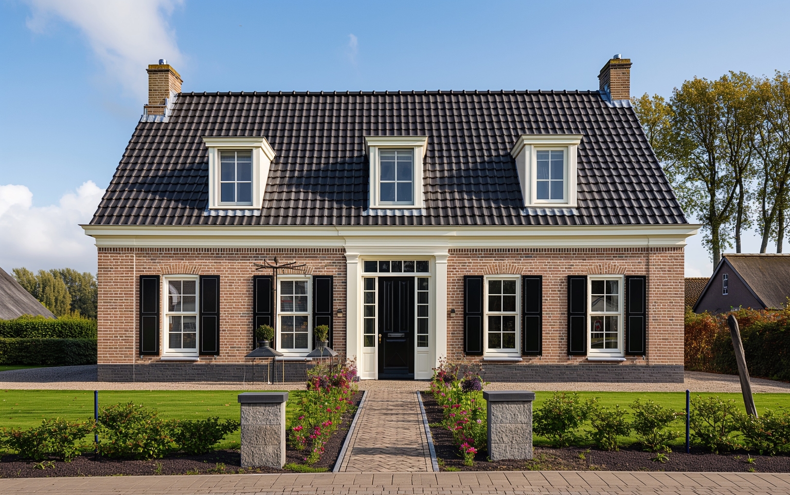 Een klassieke, symmetrische woning in traditionele Nederlandse stijl met rode bakstenen muren en een donker pannendak. De voorgevel heeft drie dakkapellen, een centrale voordeur met witte kozijnen, en ramen met luiken. De voortuin is formeel aangelegd met een keurig pad, bloemperken en een gazon, passend bij de elegante uitstraling van de woning.