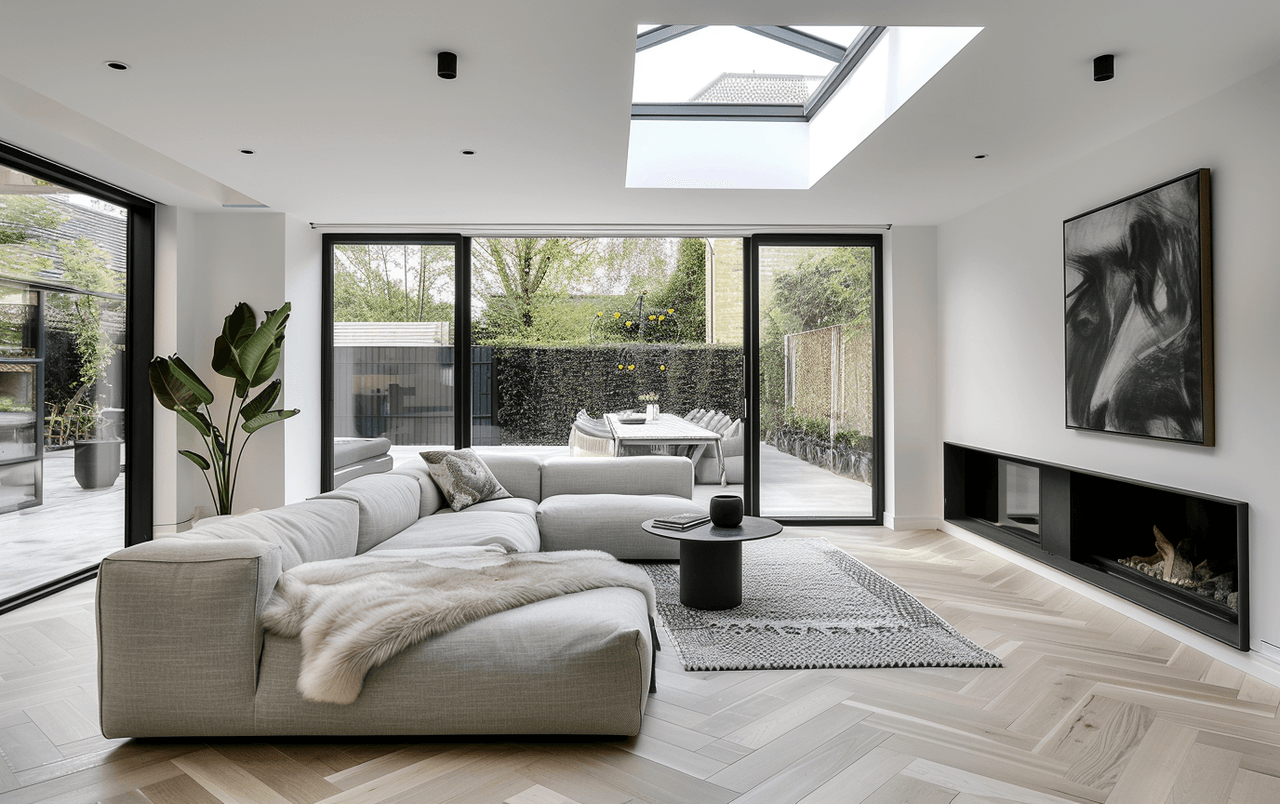 Een moderne villa met witte bakstenen muren en een rieten dak, gelegen in een weelderige, groene tuin. De gevel heeft zwarte luiken en grote ramen die zorgen voor veel natuurlijk licht. Er zijn twee verdiepingen, met op de begane grond glazen deuren die openen naar de tuin. De voortuin is prachtig aangelegd met gras, struiken en witte hortensias, omgeven door hoge bomen.