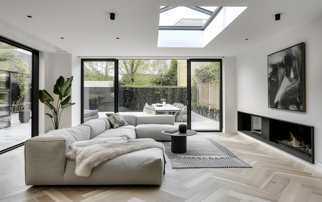 Een moderne villa met witte bakstenen muren en een rieten dak, gelegen in een weelderige, groene tuin. De gevel heeft zwarte luiken en grote ramen die zorgen voor veel natuurlijk licht. Er zijn twee verdiepingen, met op de begane grond glazen deuren die openen naar de tuin. De voortuin is prachtig aangelegd met gras, struiken en witte hortensias, omgeven door hoge bomen.