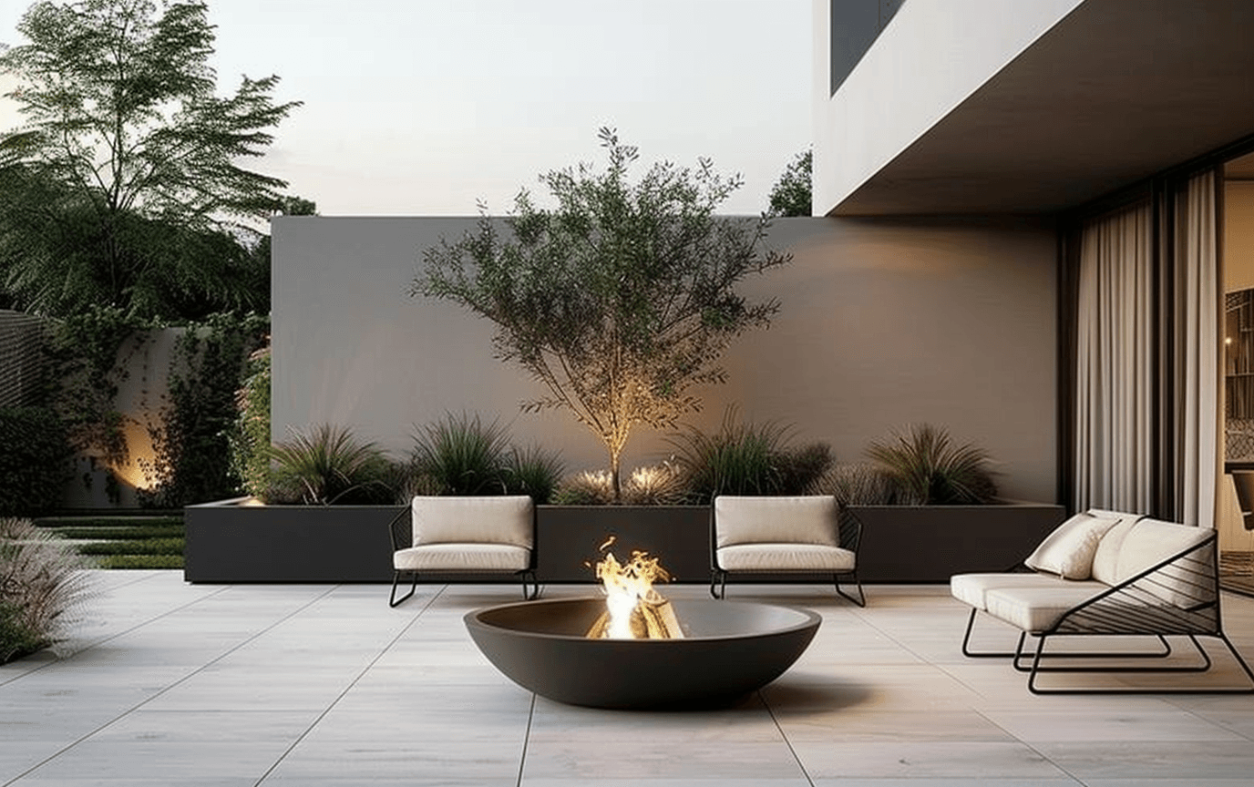 Moderne patio met vuurschaal en zithoek, met op de achtegrond een moderne woning.