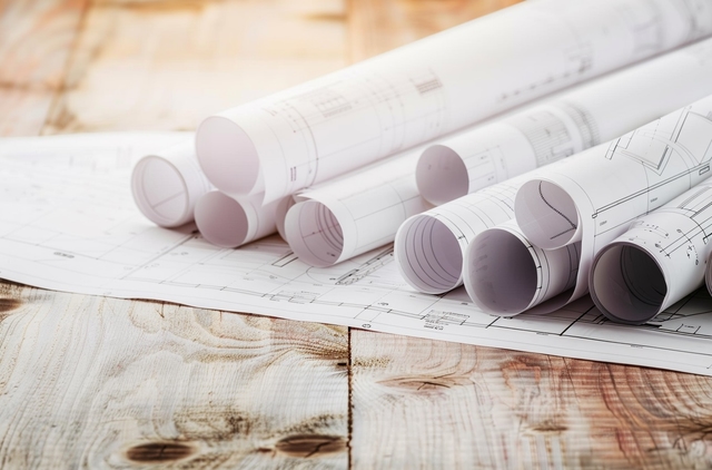 Rollen papier met bouwtekeningen die worden ingediend bij de welstand ter goedkeuring van het bouwplan.