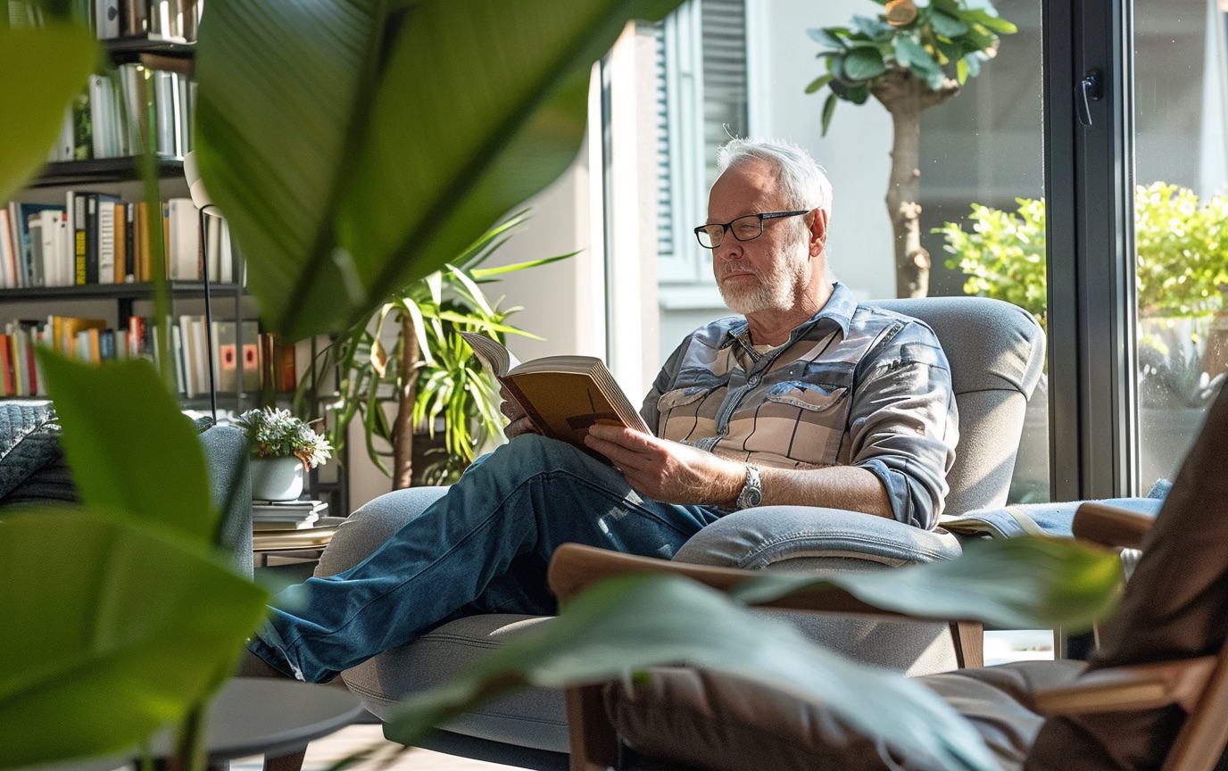 Oudere man leest een boek in een comfortabele stoel bij het raam, omringd door kamerplanten en boeken. Hij draagt een bril en een geruite overhemd, en lijkt ontspannen en verdiept in zijn lectuur. Het natuurlijke licht dat door het raam valt, zorgt voor een warme en rustgevende sfeer in de ruimte.