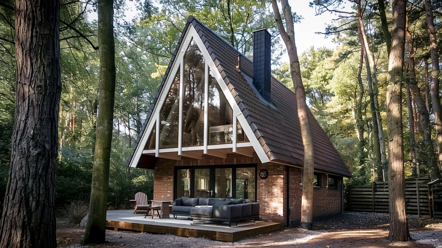 Moderne vakantiewoning met een puntdak, grote ramen en een houten terras, gelegen in een bosrijke omgeving. De woning heeft een gezellige buitenruimte met zitmeubelen en wordt omgeven door hoge bomen, wat zorgt voor een serene en natuurlijke ambiance.