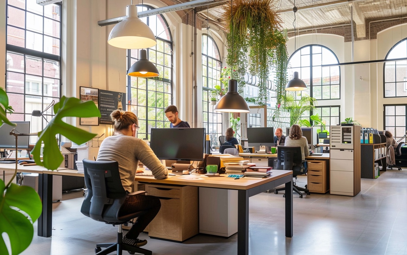 Architecten aan het werk in een industrieel kantoor