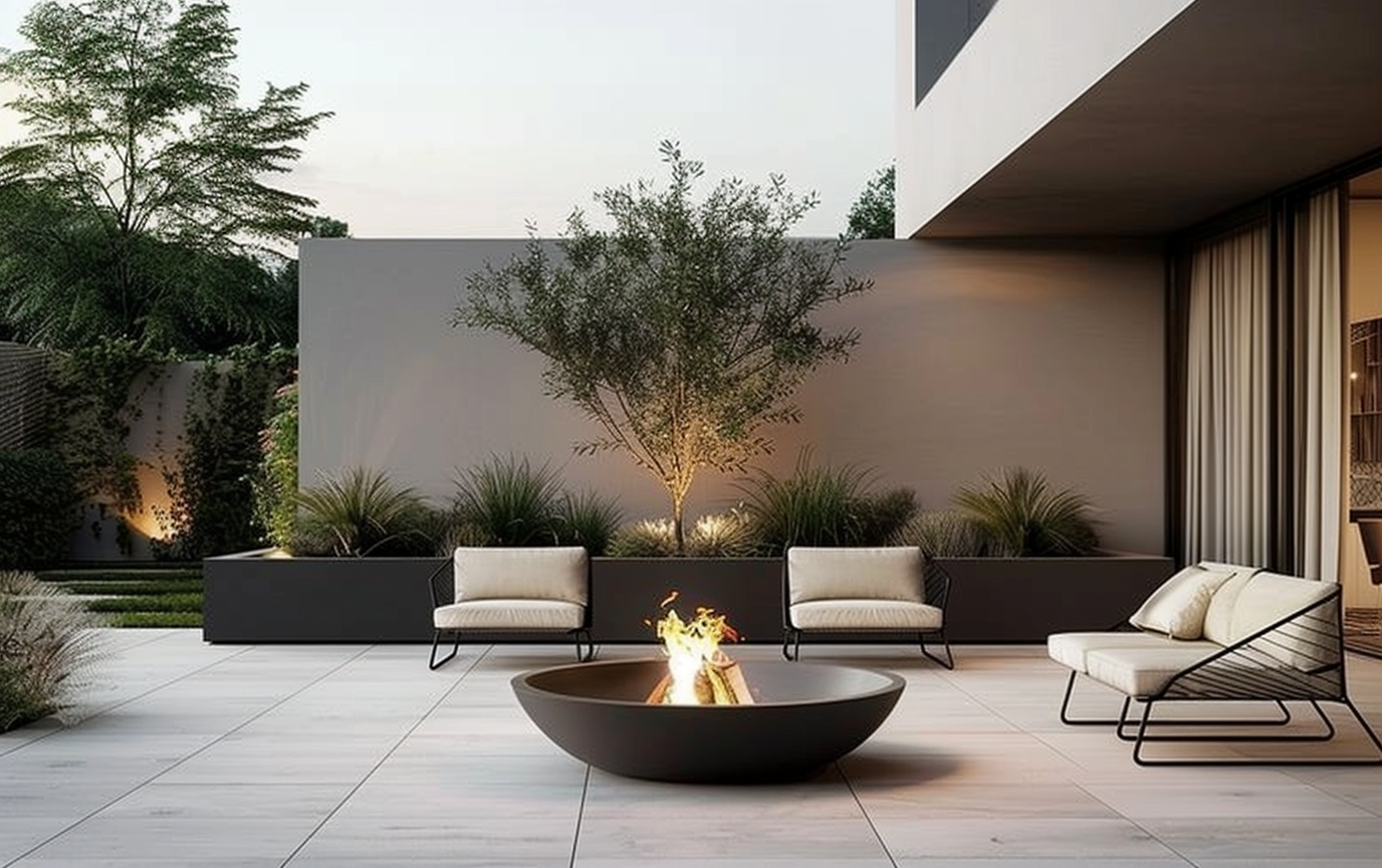 Moderne patio met vuurschaal en zithoek, met op de achtegrond een moderne woning.